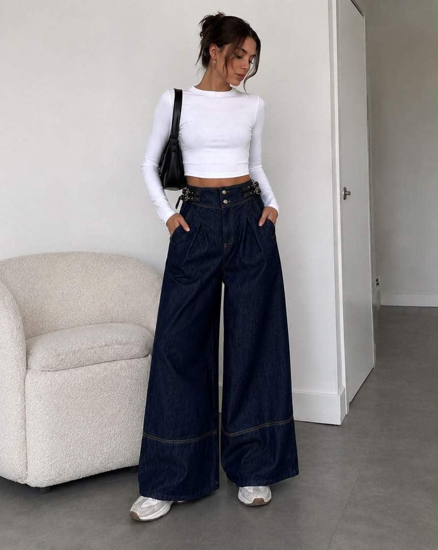 Double-Belt Pleated Wide-leg Jeans