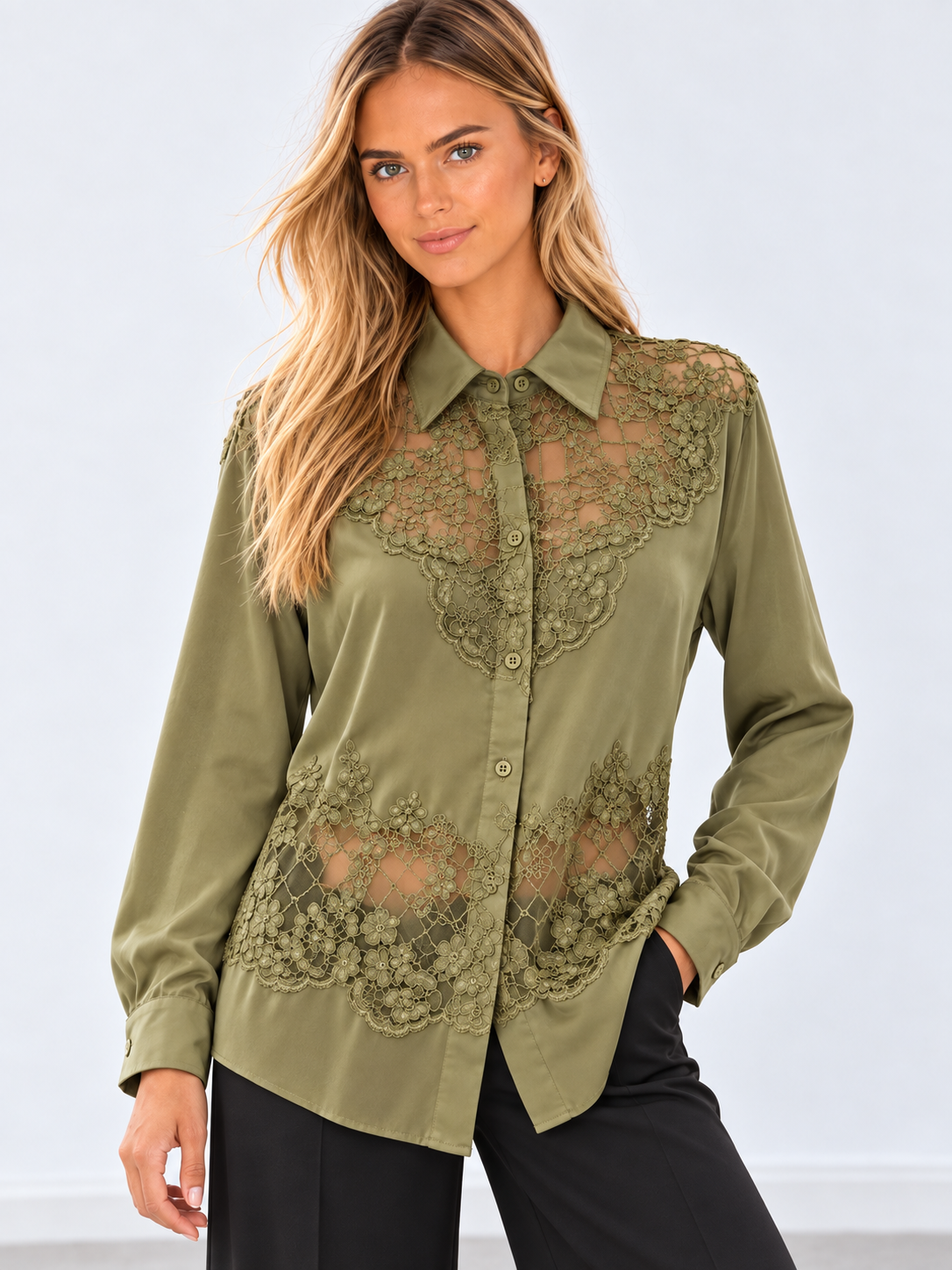 Lace-Panel Button-Up Shirt