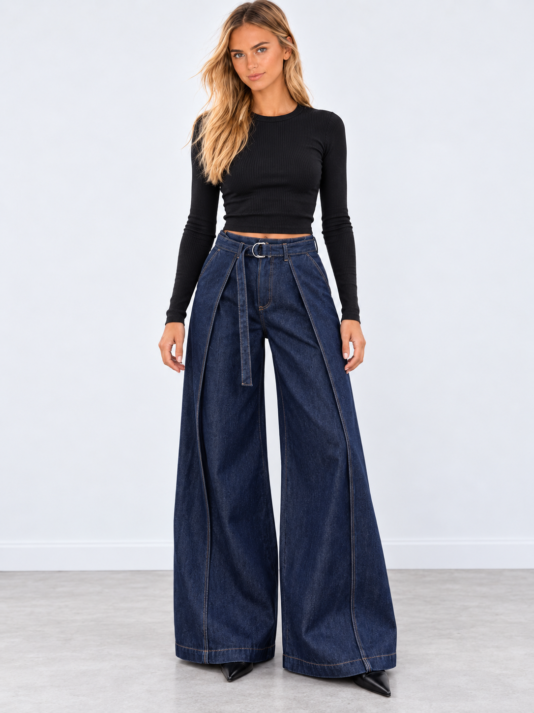 Belted Pleated Wide-Leg Jeans