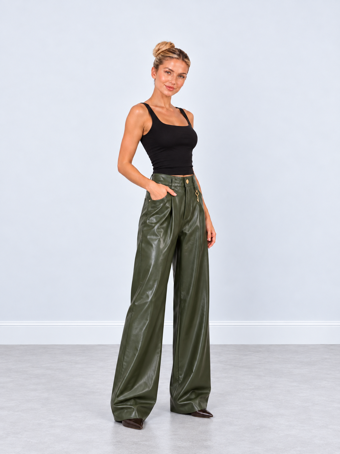 Pleated Faux-Leather Wide-Leg Pants