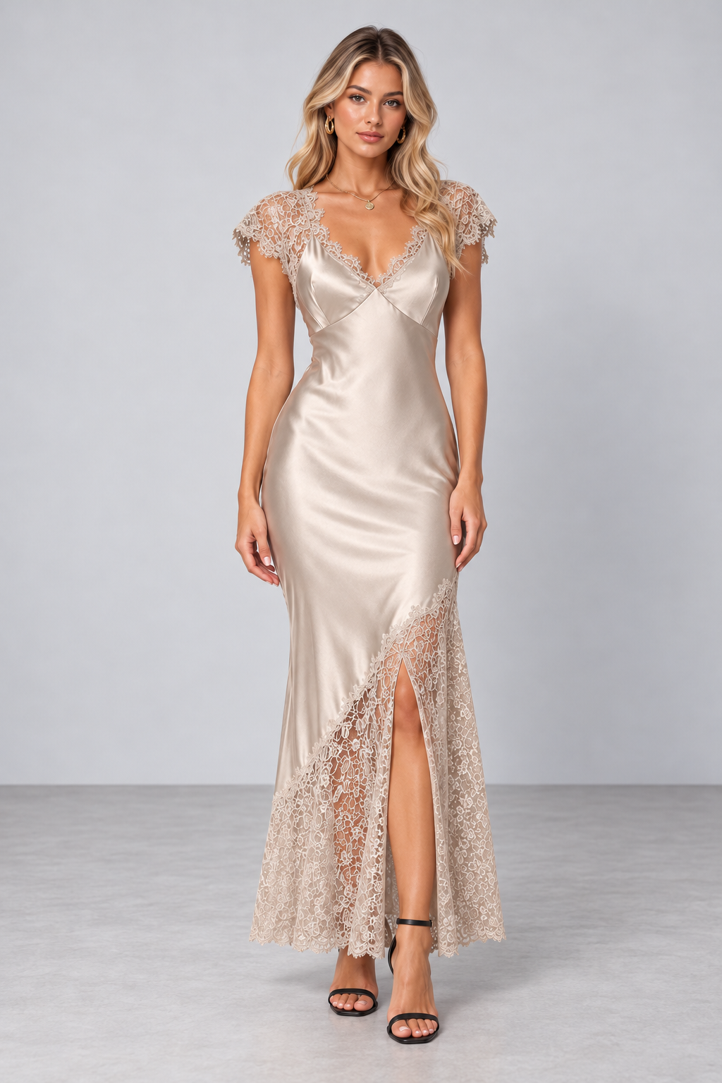 Lace-Trim Satin Dress