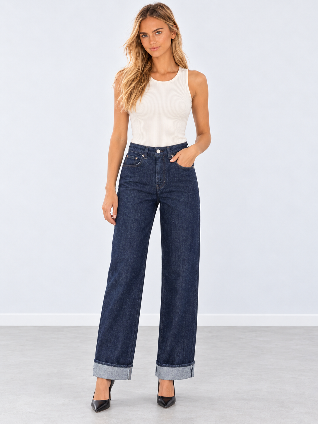 Cuffed Wide-Leg Jeans