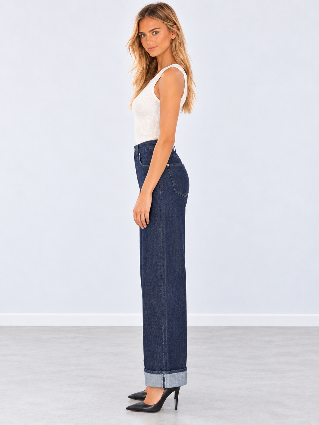 Cuffed Wide-Leg Jeans