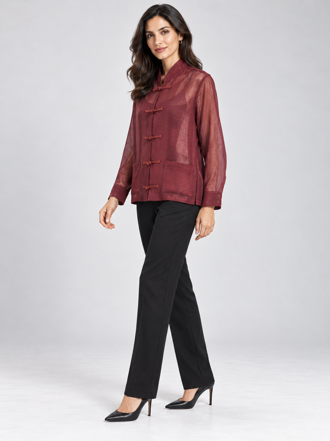 Frog-Closure Sheer Jacket