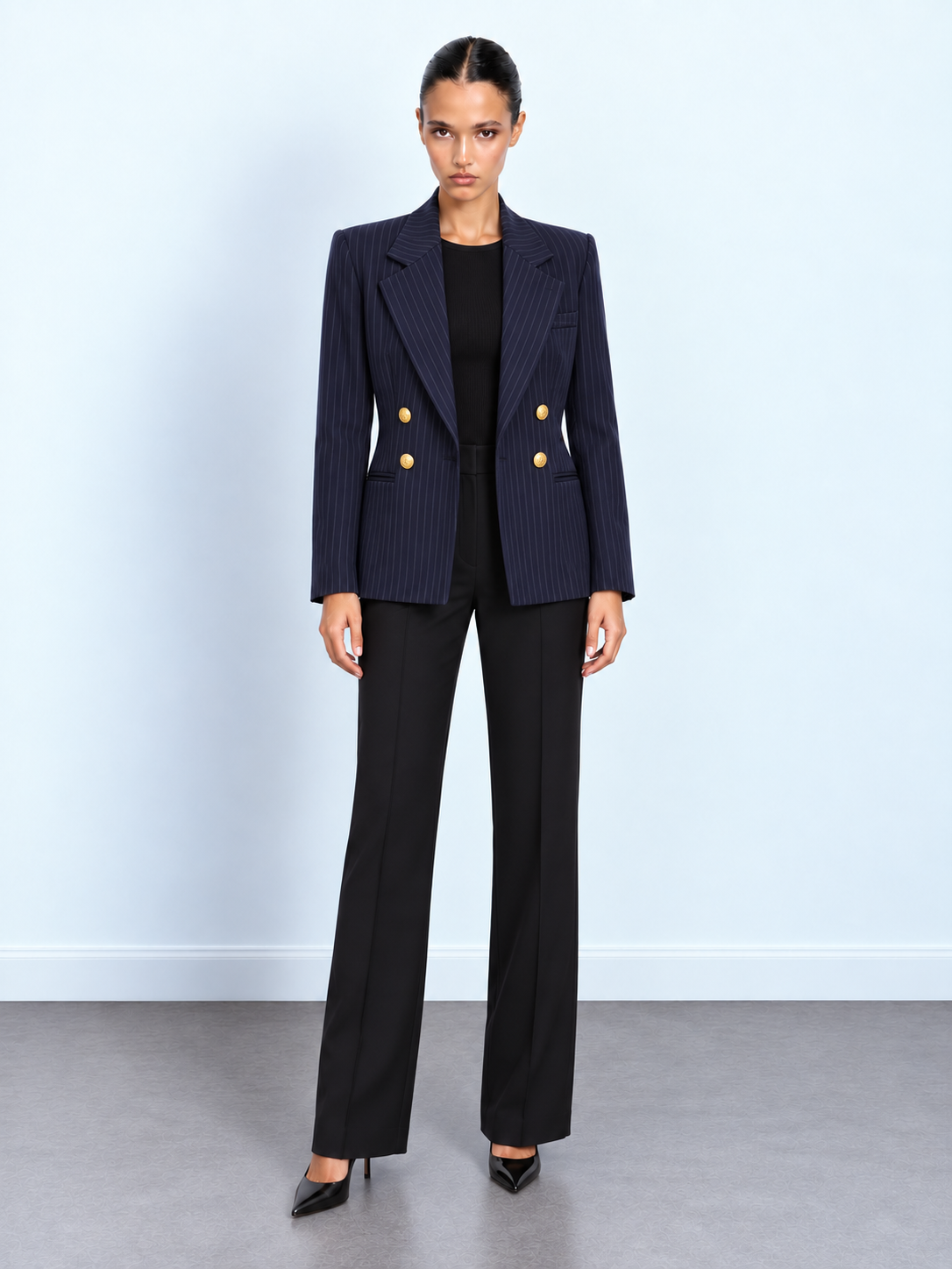Gold-Button Pinstripe Blazer