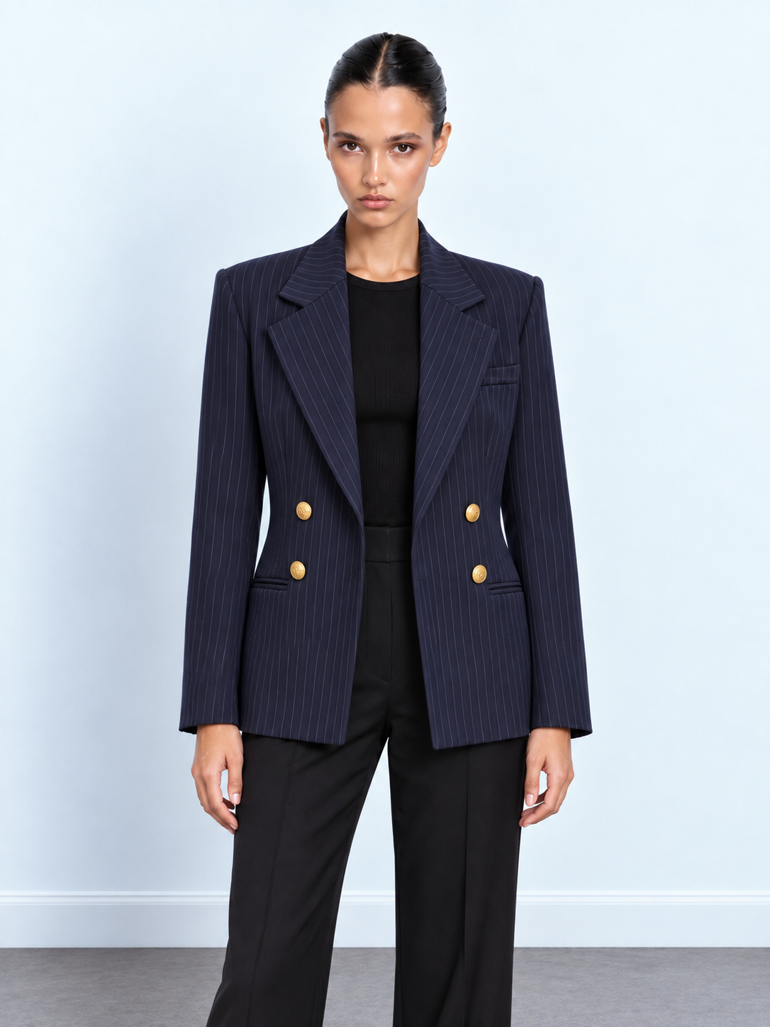 Gold-Button Pinstripe Blazer
