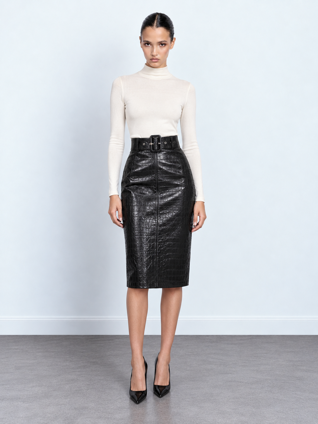 Croc-Embossed Midi Skirt