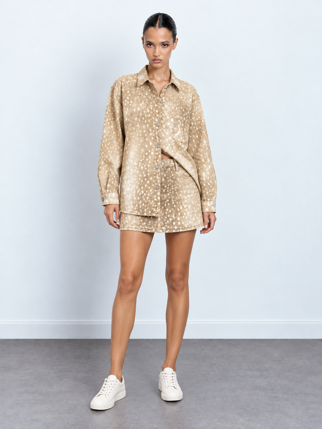 Speckled-Wash Denim Shirt & Mini-Skirt Set