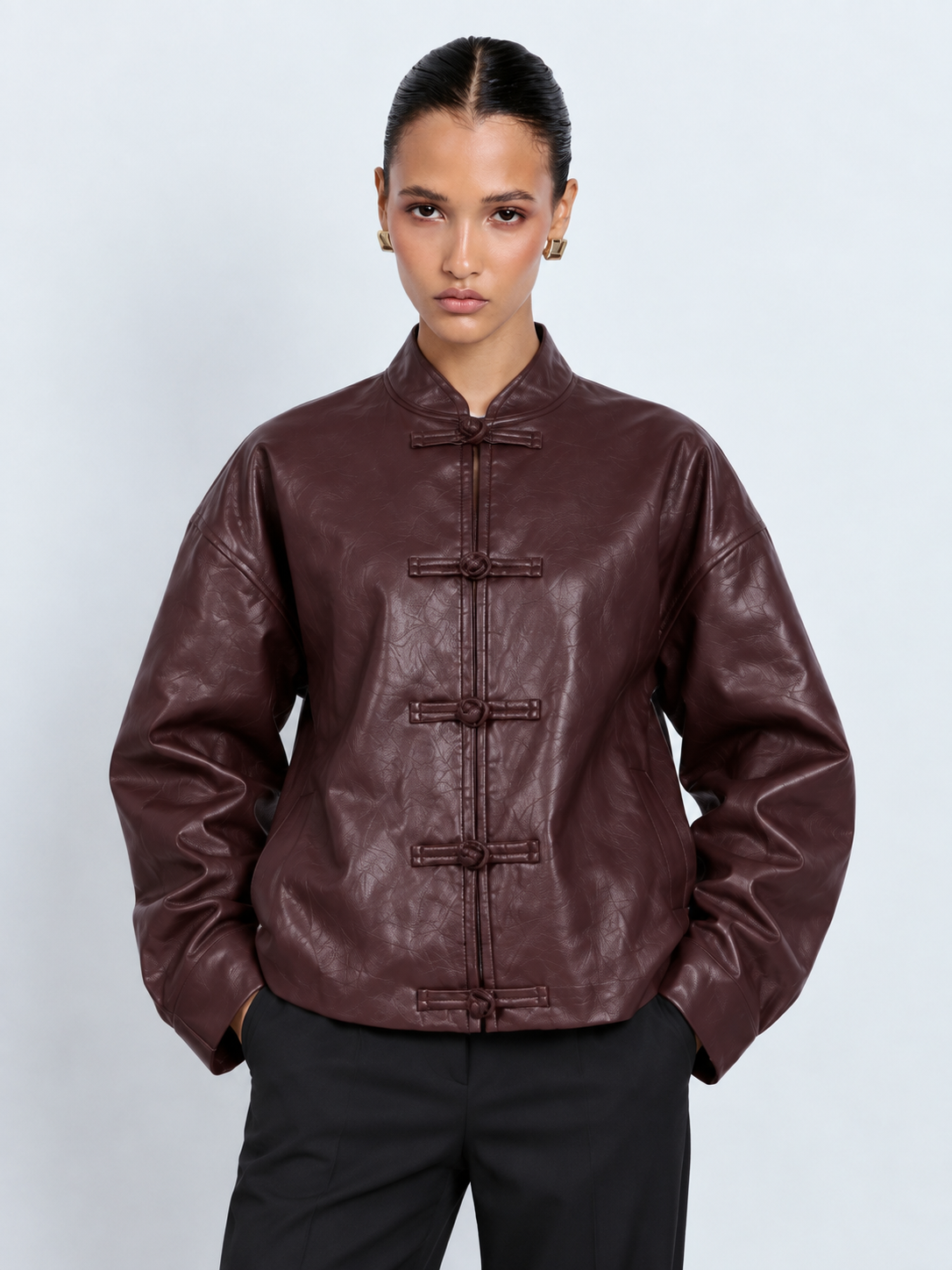Frog-Closure Faux-Leather Jacket