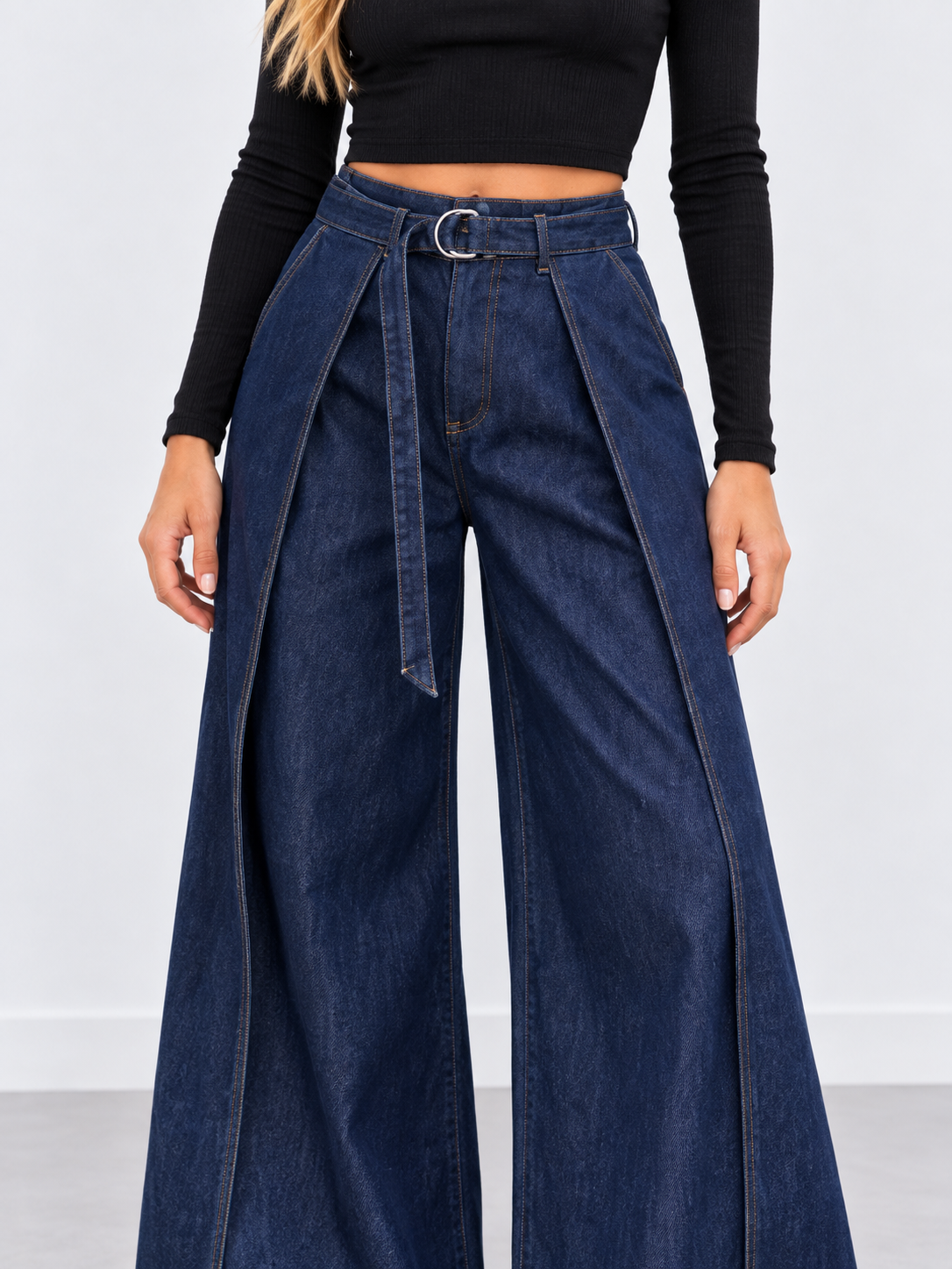 Belted Pleated Wide-Leg Jeans