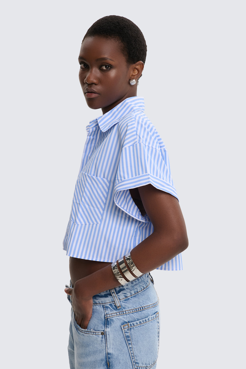 Striped Half Sleeve Crop Shirt