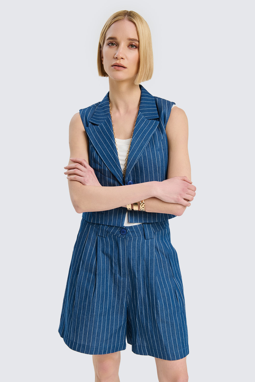 Short Pinstriped Denim Vest