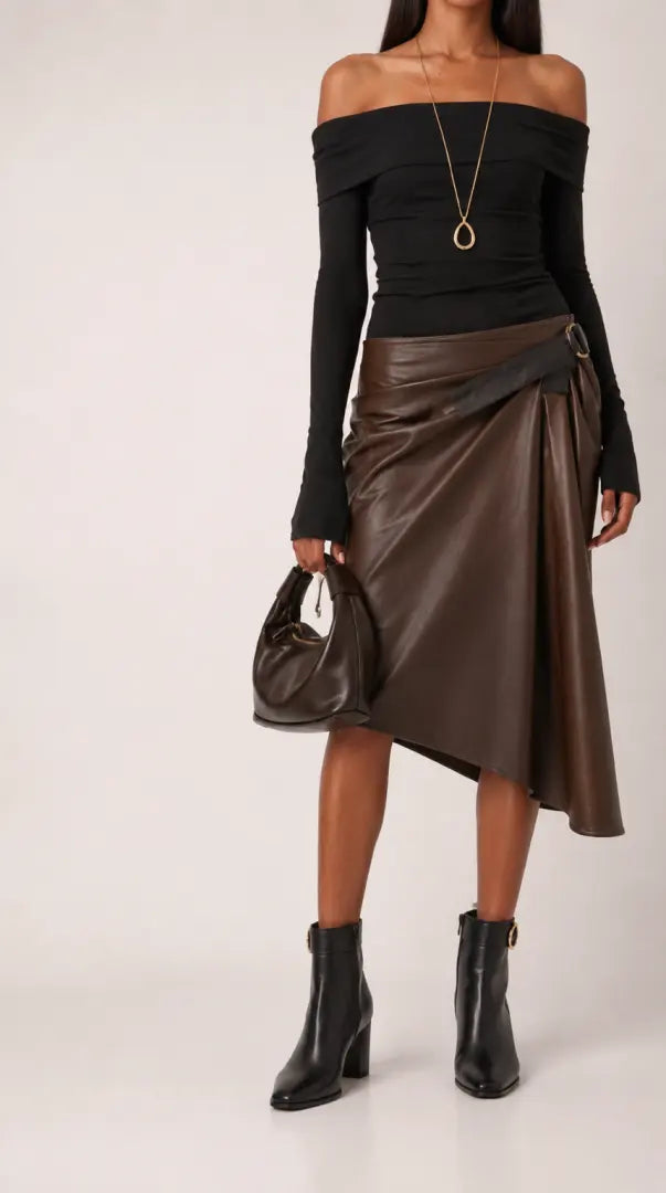 Draped Asymmetric Faux-Leather MIDI Skirt