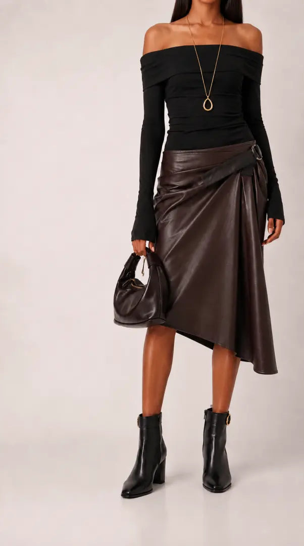 Draped Asymmetric Faux-Leather MIDI Skirt