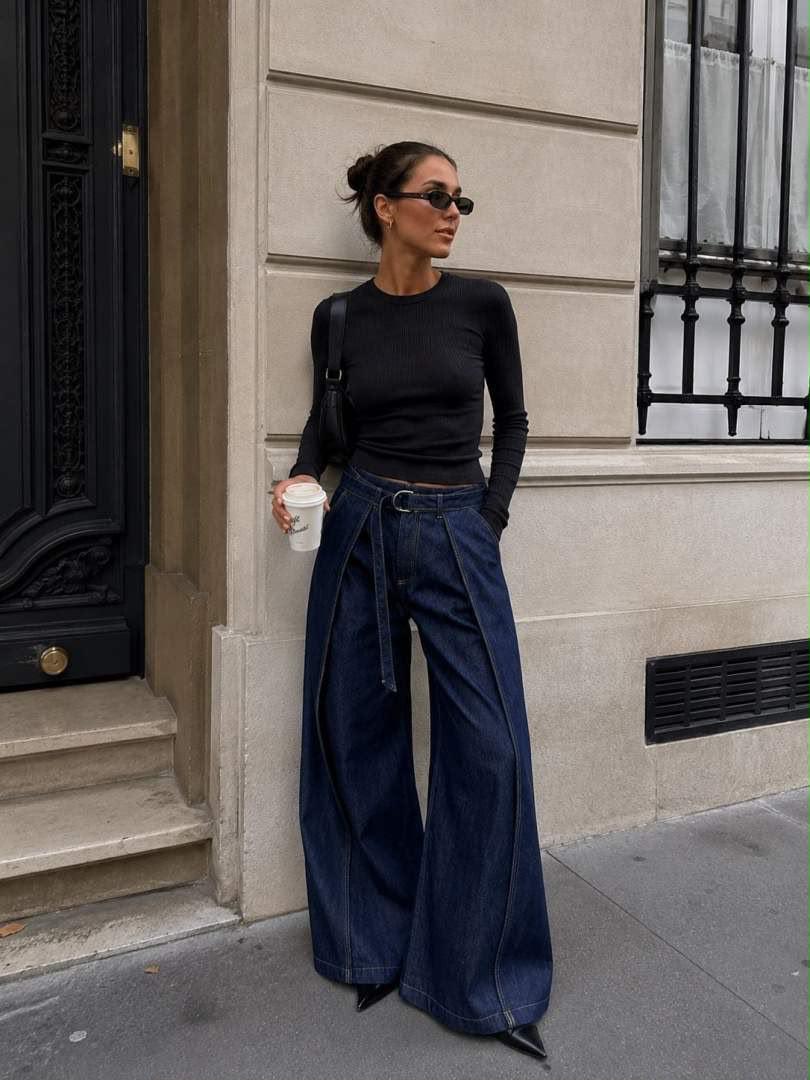 Belted Pleated Wide-Leg Jeans