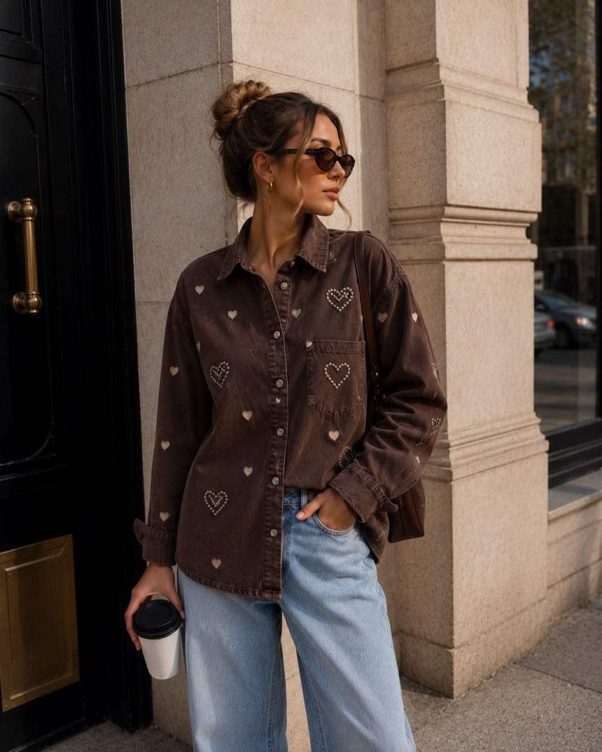 Rhinestone Heart Denim Shirt