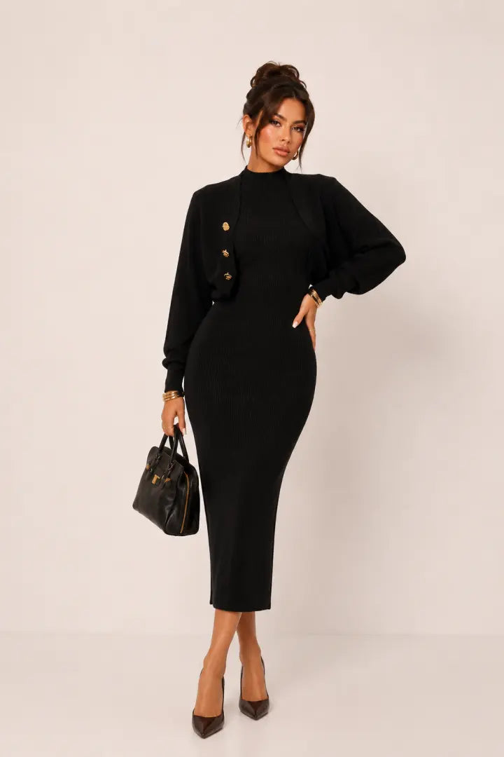 Gold-Button Bolero Ribbed Knit MIDI Dress Set