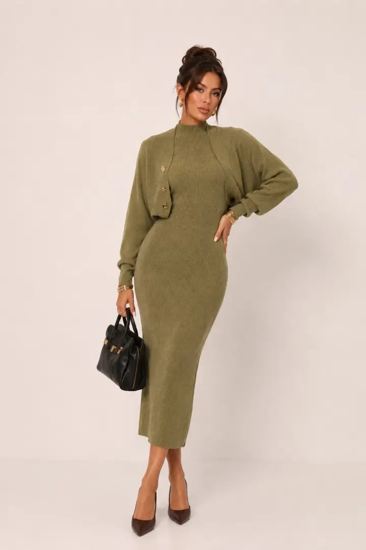 Gold-Button Bolero Ribbed Knit MIDI Dress Set