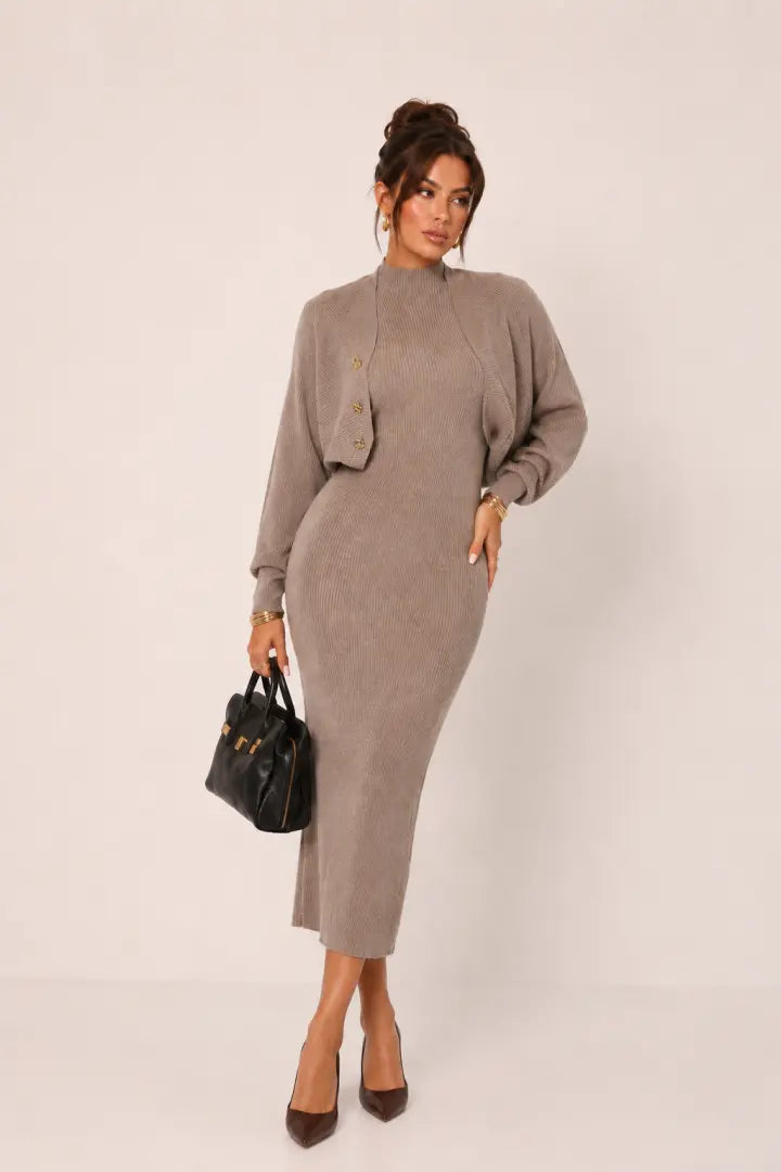 Gold-Button Bolero Ribbed Knit MIDI Dress Set