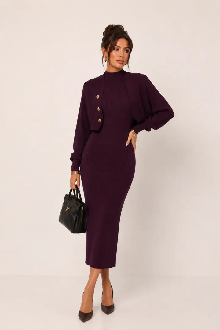 Gold-Button Bolero Ribbed Knit MIDI Dress Set