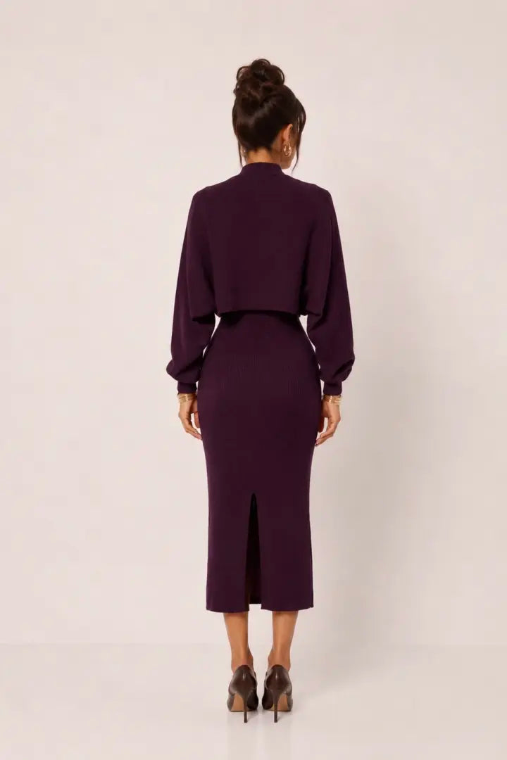 Gold-Button Bolero Ribbed Knit MIDI Dress Set