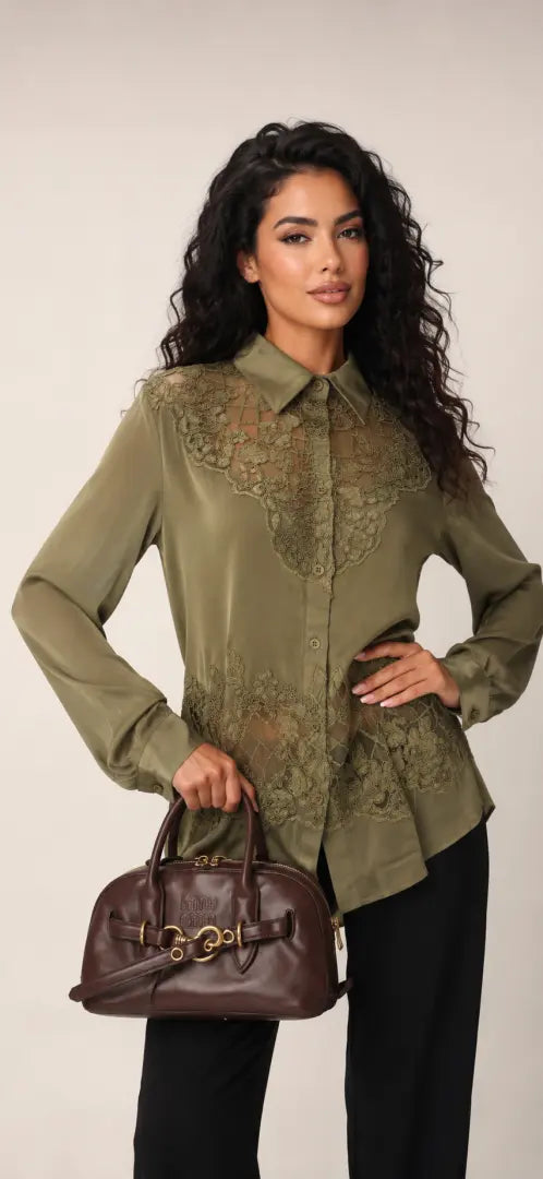 Lace-Panel Button-Up Shirt