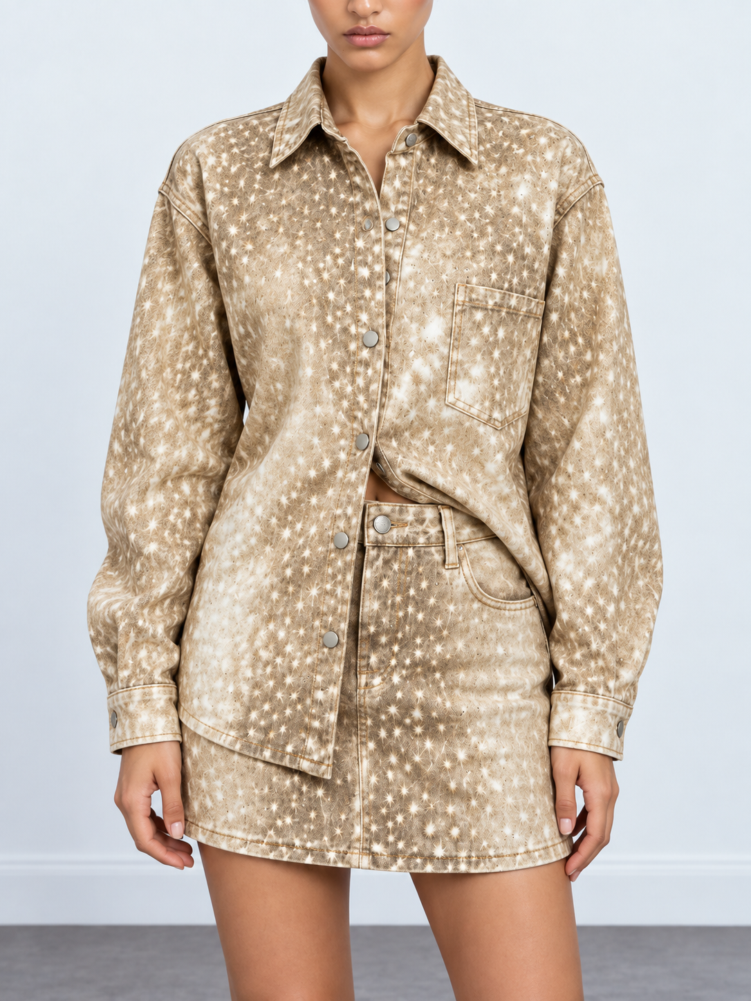 Speckled-Wash Denim Shirt & Mini-Skirt Set