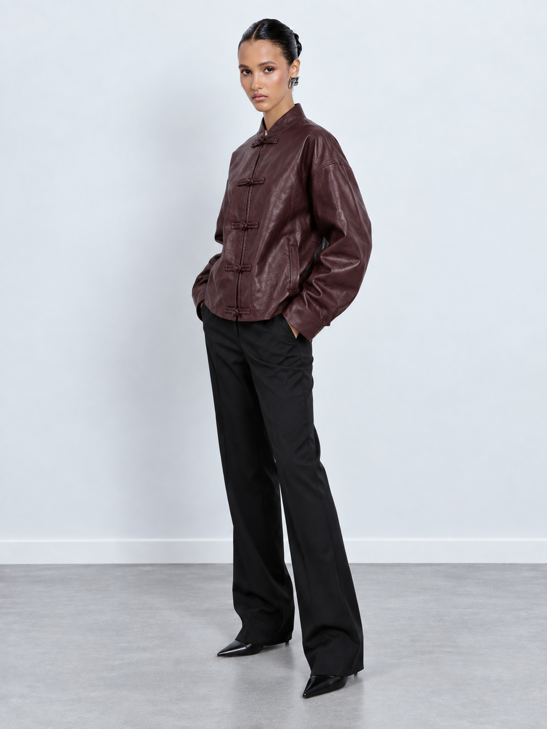 Frog-Closure Faux-Leather Jacket