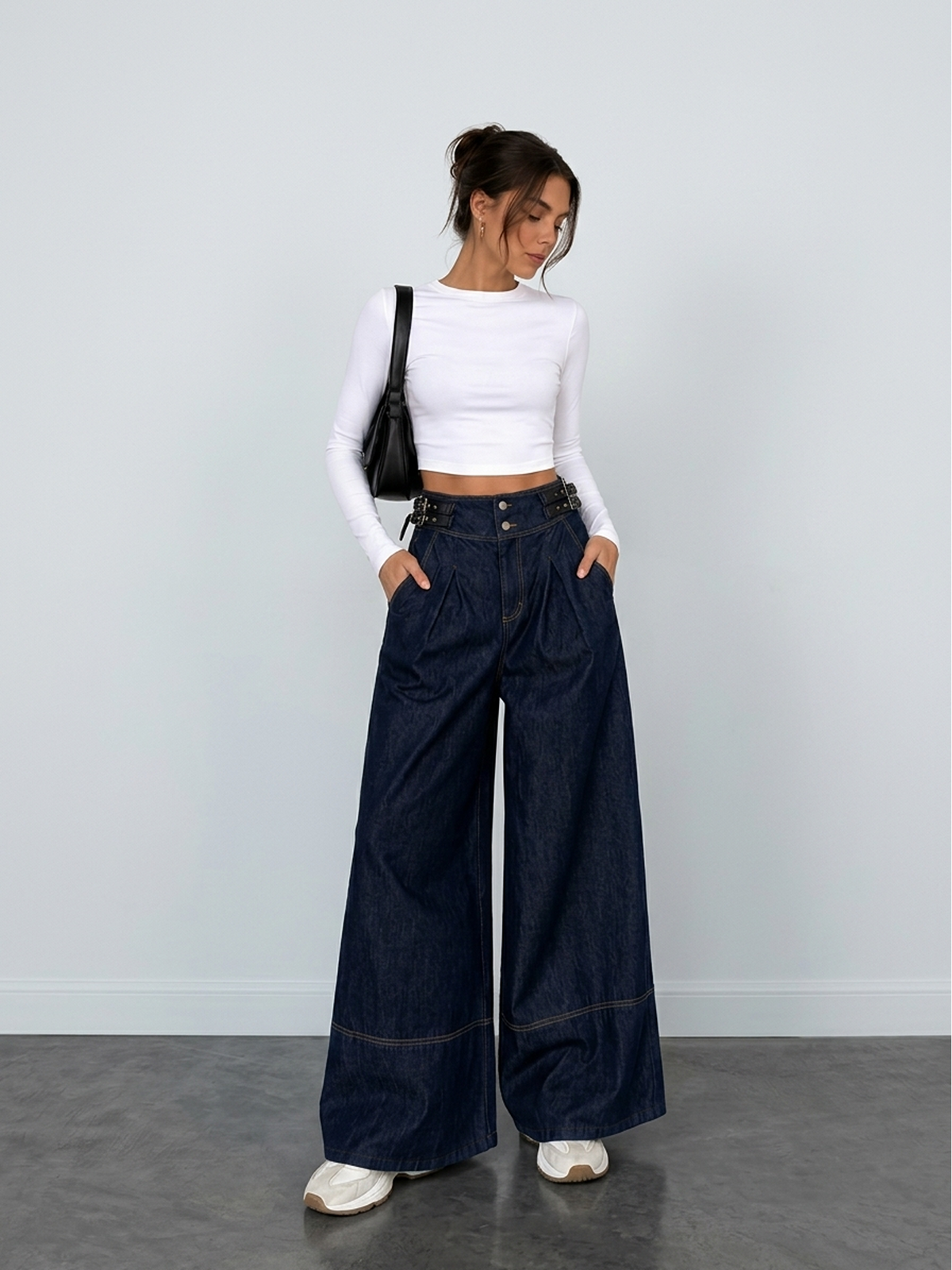 Double-Belt Pleated Wide-leg Jeans
