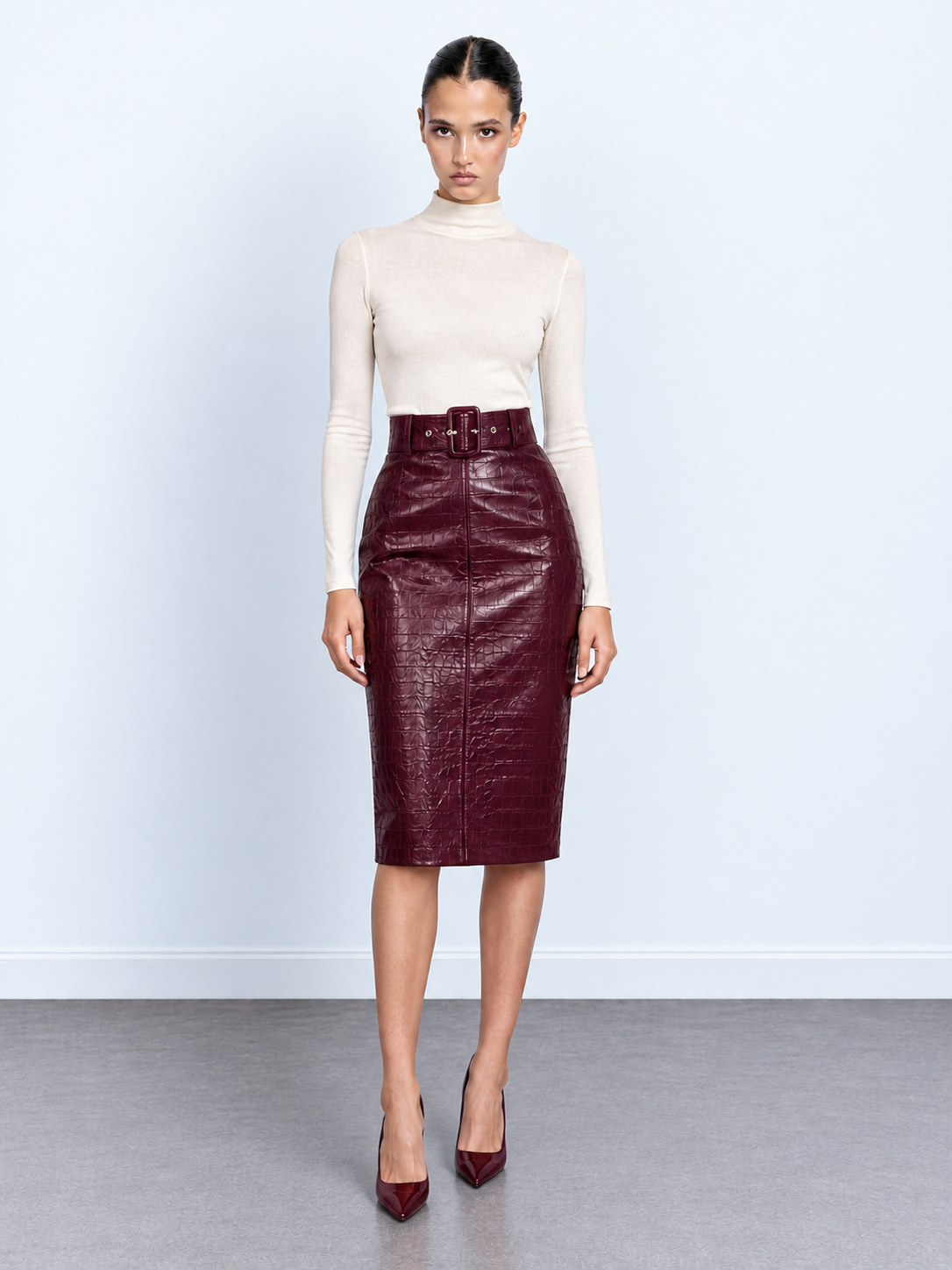Croc-Embossed Midi Skirt