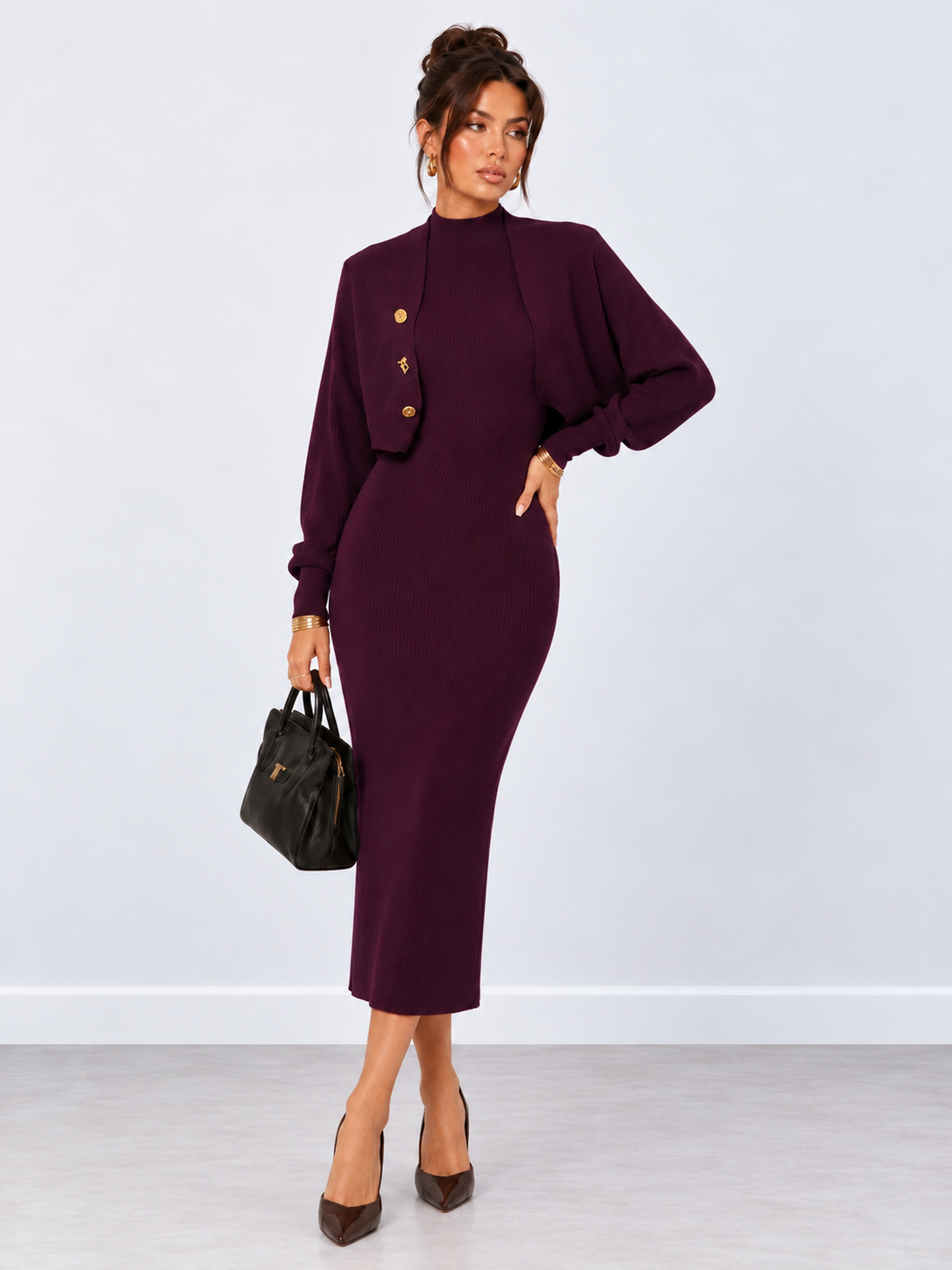 Gold-Button Bolero Ribbed Knit MIDI Dress Set