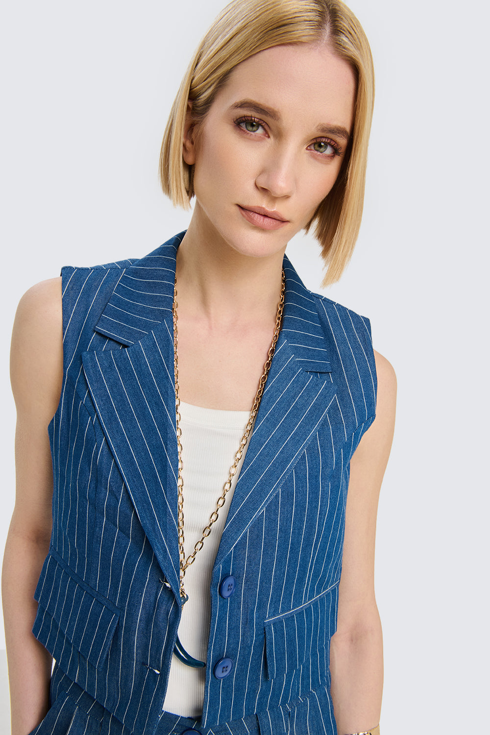 Short Pinstriped Denim Vest